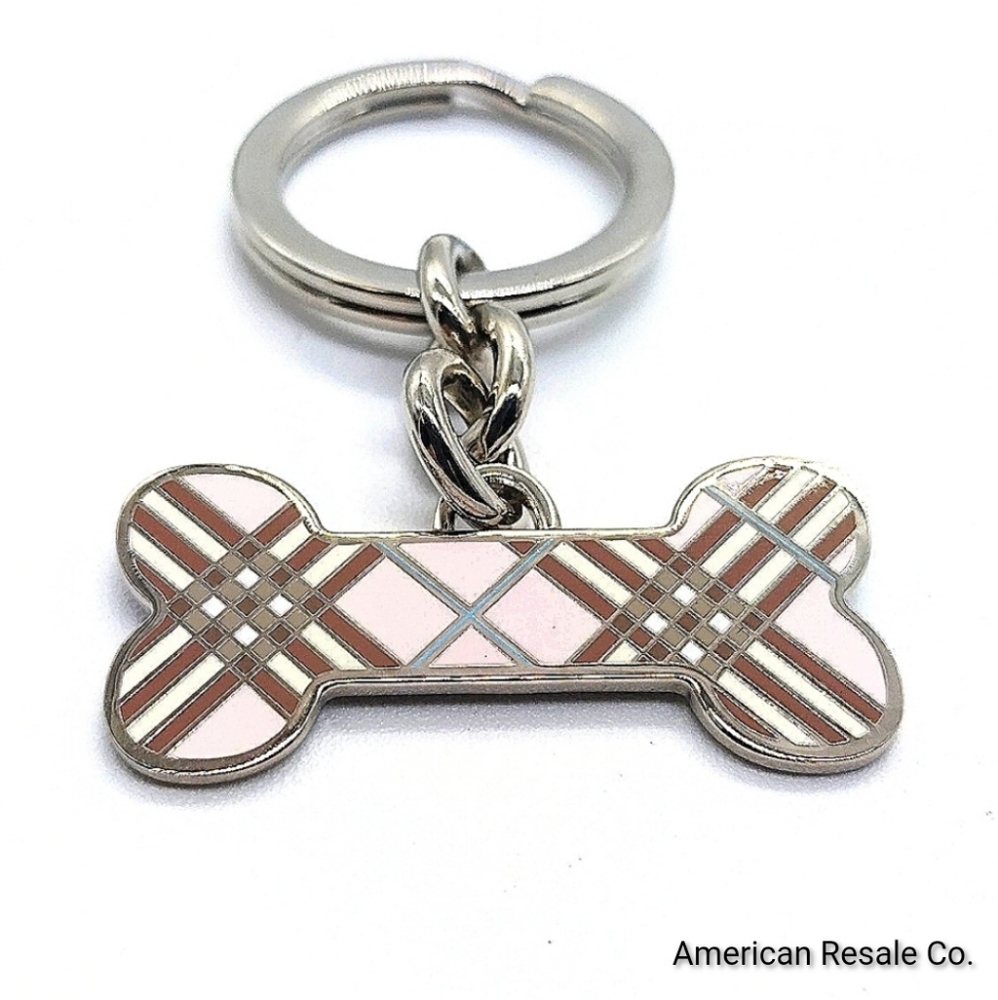 Vintage BURBERRY Nova Check Metal Dog Bone Keychain Purse Charm Key Fob - Picture 2 of 6